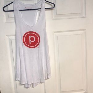 Pure barre white tank with red circle P